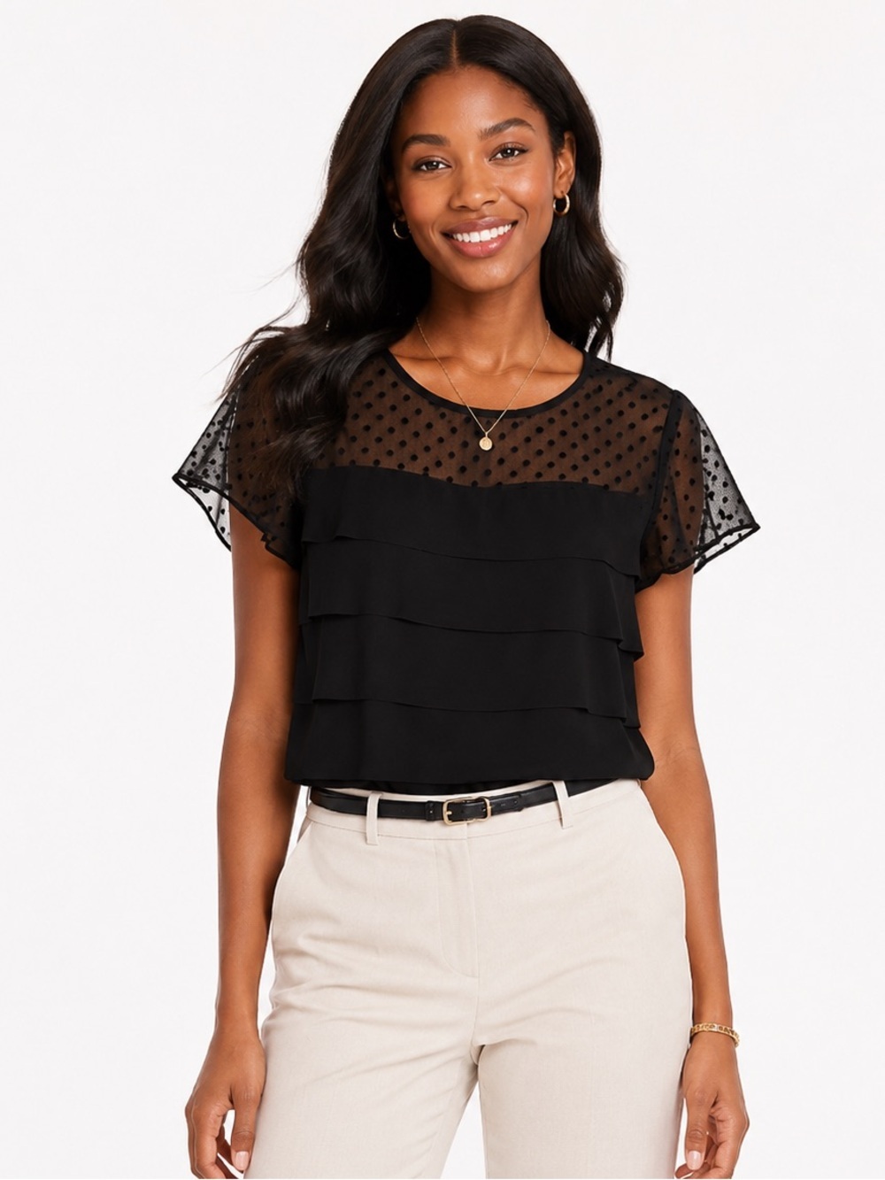 LOFT Black Polka Dot Tiered Ruffle Blouse Top Size XS